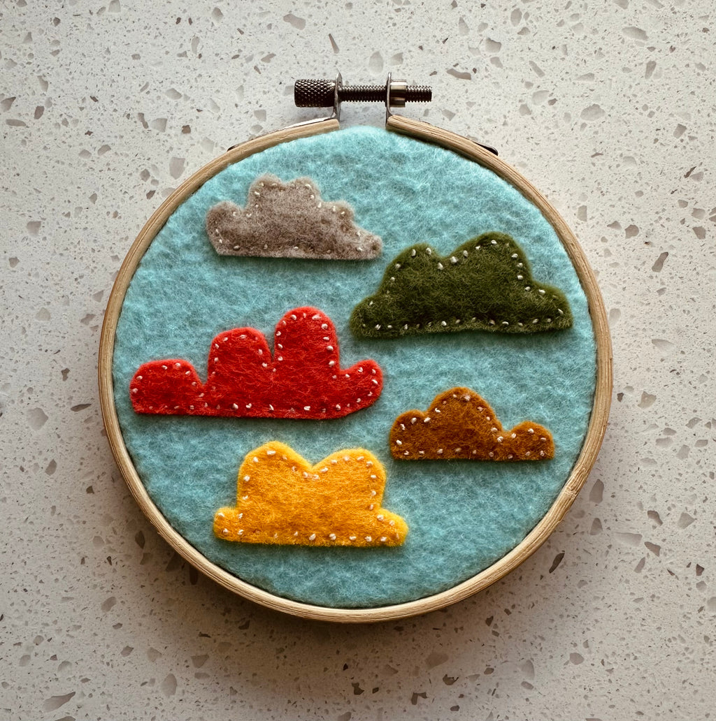 Felt cloud embroidery on hoop, sky blue